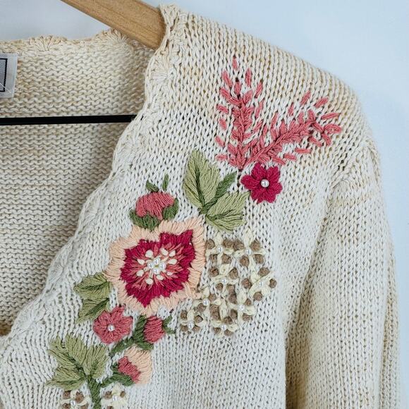 Vintage Private Party Ramie Cotton Floral 3D Knit Cardigan Sweater L Grannycore - Picture 4 of 10